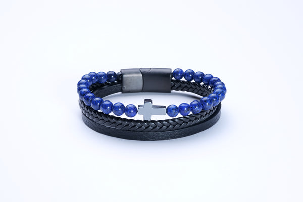 Lapis Lazuli Bead Cross Charm & Leather Bracelet